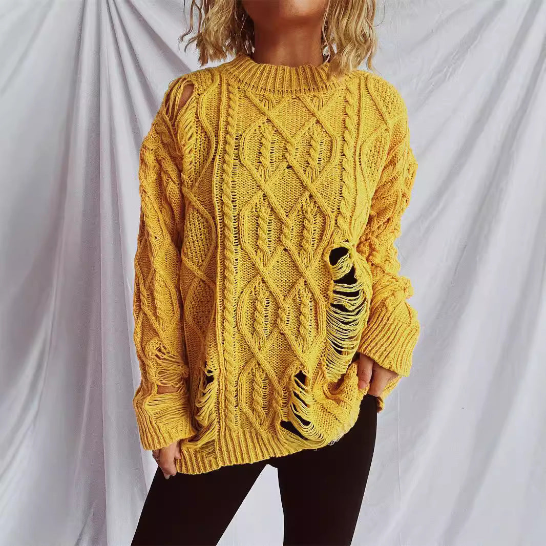 Dame casual oversized sweater med tekstureret kabelmønster og frynser Stilla