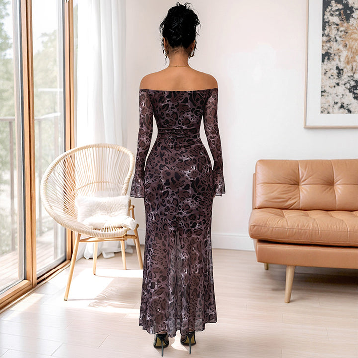 Kvinder Off-Shoulder Maxi Kjole med Dyreprint og Lange Ærmer Stilla