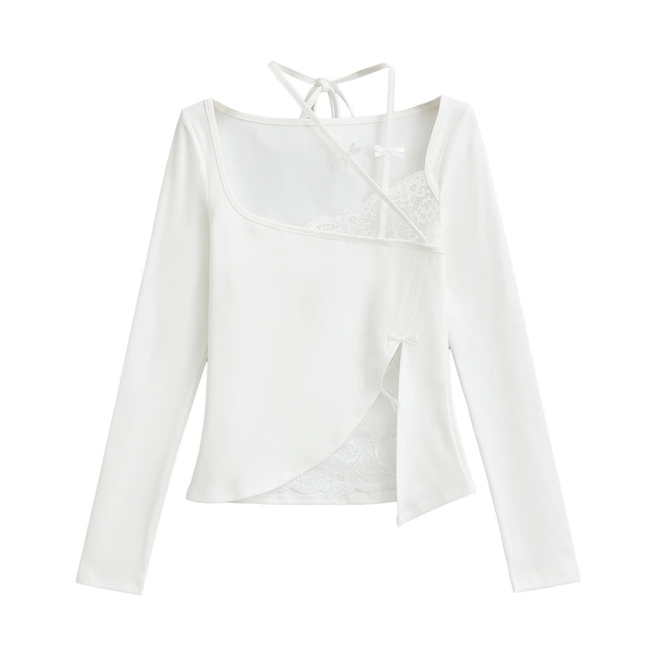 Damer elegant langærmet skjorte med off-shoulder design og delikate spids detaljer Stilla