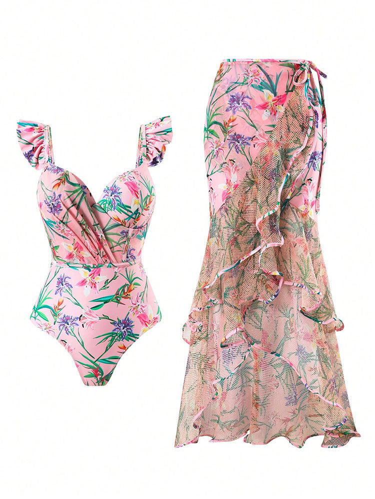 Dame One-Piece Badedragt med blomstrede volanger og matchende omslagsrulle Skovae