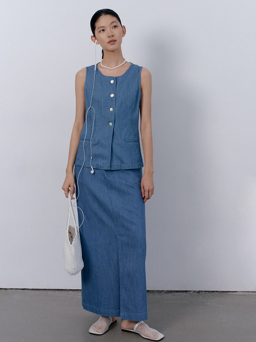 Dame ærmeløs blusevest i højkvalitets denim med praktiske lommer og elegante knapper Stilla