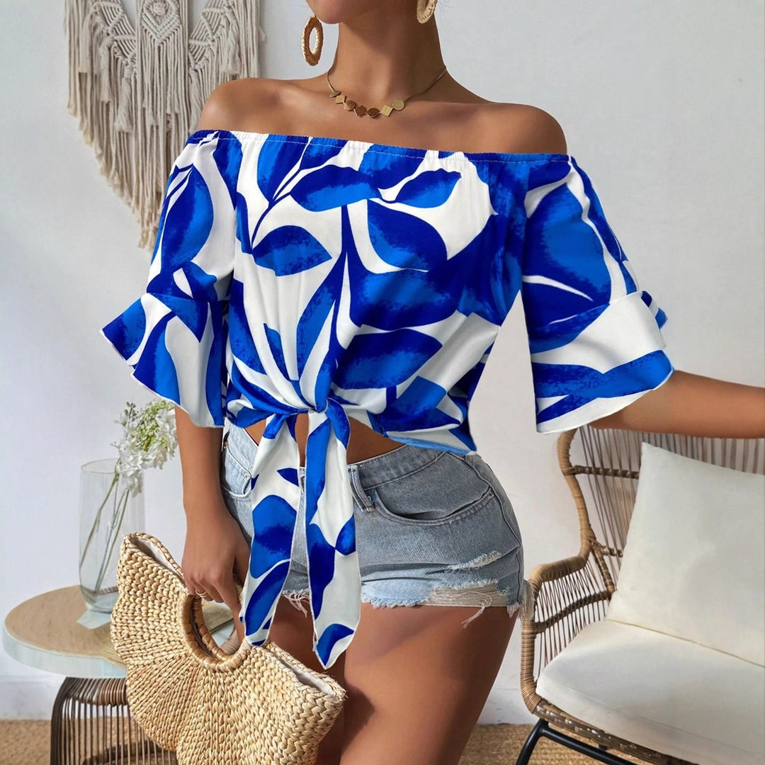 Dame Off-Shoulder Bluse med blomstermønster og justerbar knude Skovae