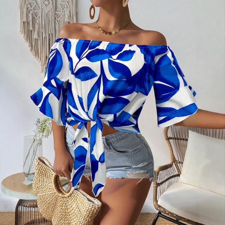 Dame Off-Shoulder Bluse med blomstermønster og justerbar knude Skovae