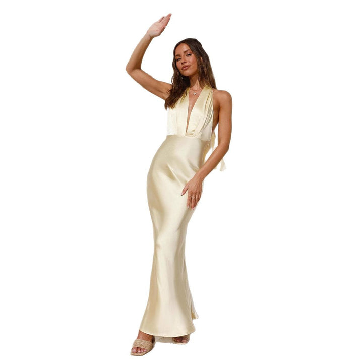 Dame elegante satin maxi kjoler med dyb V-udskæring og tætsiddende pasform