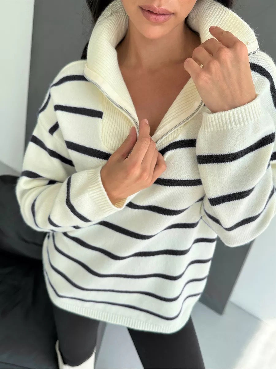 Femme Stribet Fjerde-Zipper Strikkegenser Stilla