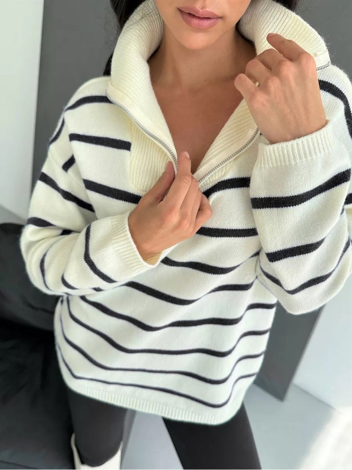 Femme Stribet Fjerde-Zipper Strikkegenser Stilla