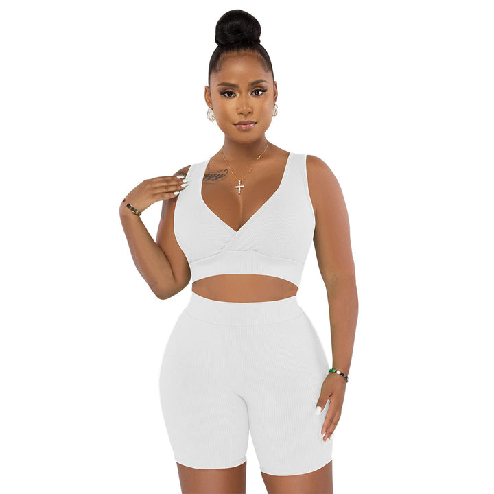 Dame Sporty Sæt af Cropped Top og Cykelshorts med Ribstruktur Stilla