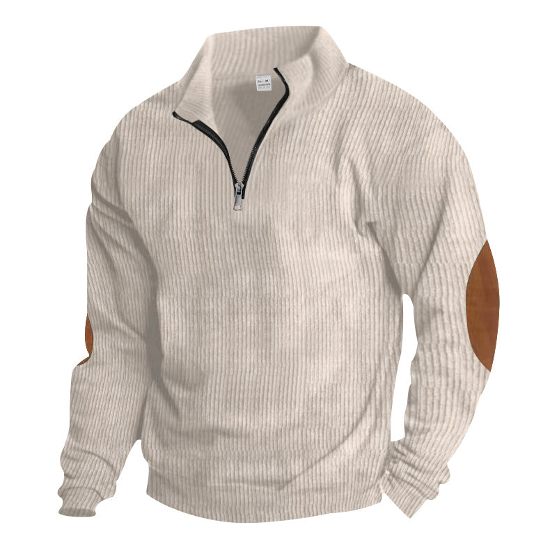Herren nan ribbet finstrik pullover med kort lynlås ståkrave og læderlook albuepatches Skovae