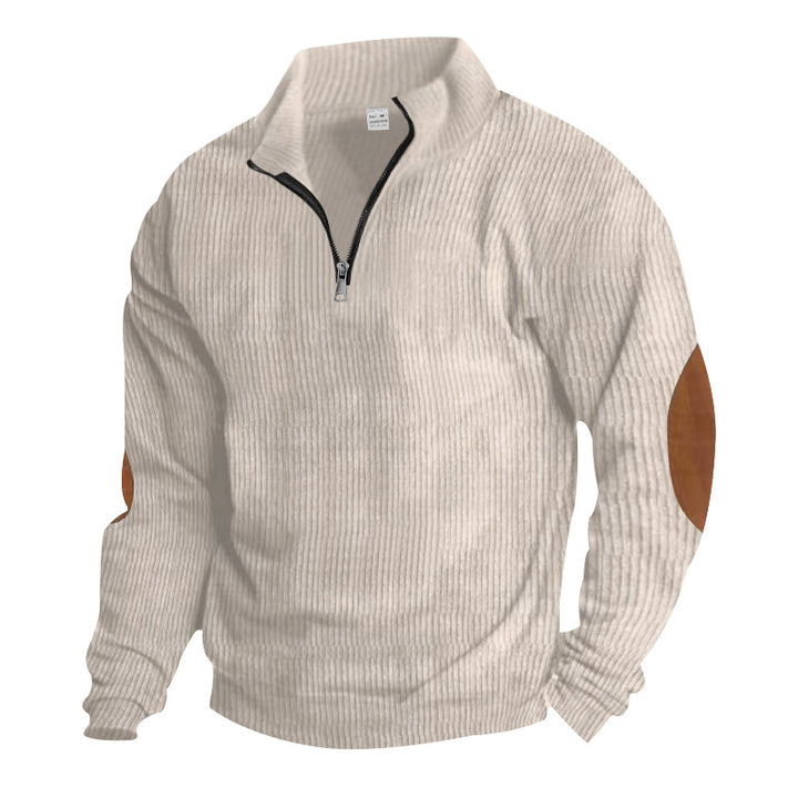 Herren nan ribbet finstrik pullover med kort lynlås ståkrave og læderlook albuepatches Skovae