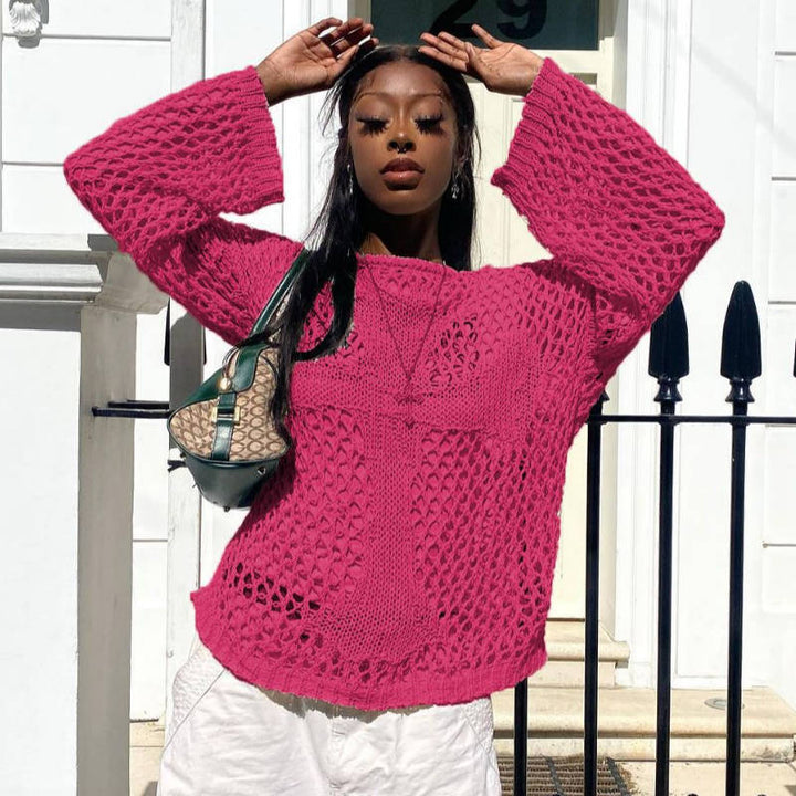 Kvinders luftige strikket sweater med åben mesh design Stilla