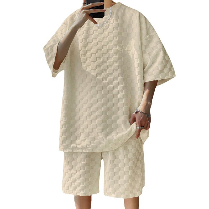 Unisex nan overdimensioneret fritids-sæt i struktureret vaffelkvalitet med rund halsudskæring og løs pasform Bermuda shorts Skovae
