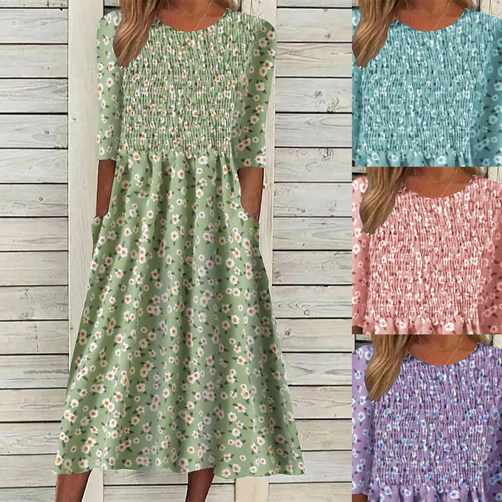 Dame Blomst Midi Kjole med Lommer Stilla