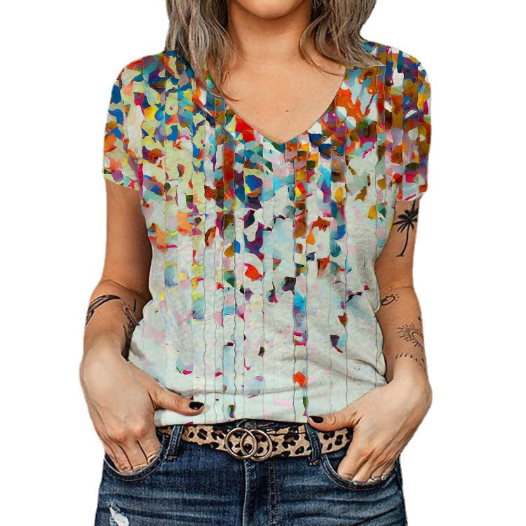 Dame V-hals T-shirt med floralt overblendedesign Skovae
