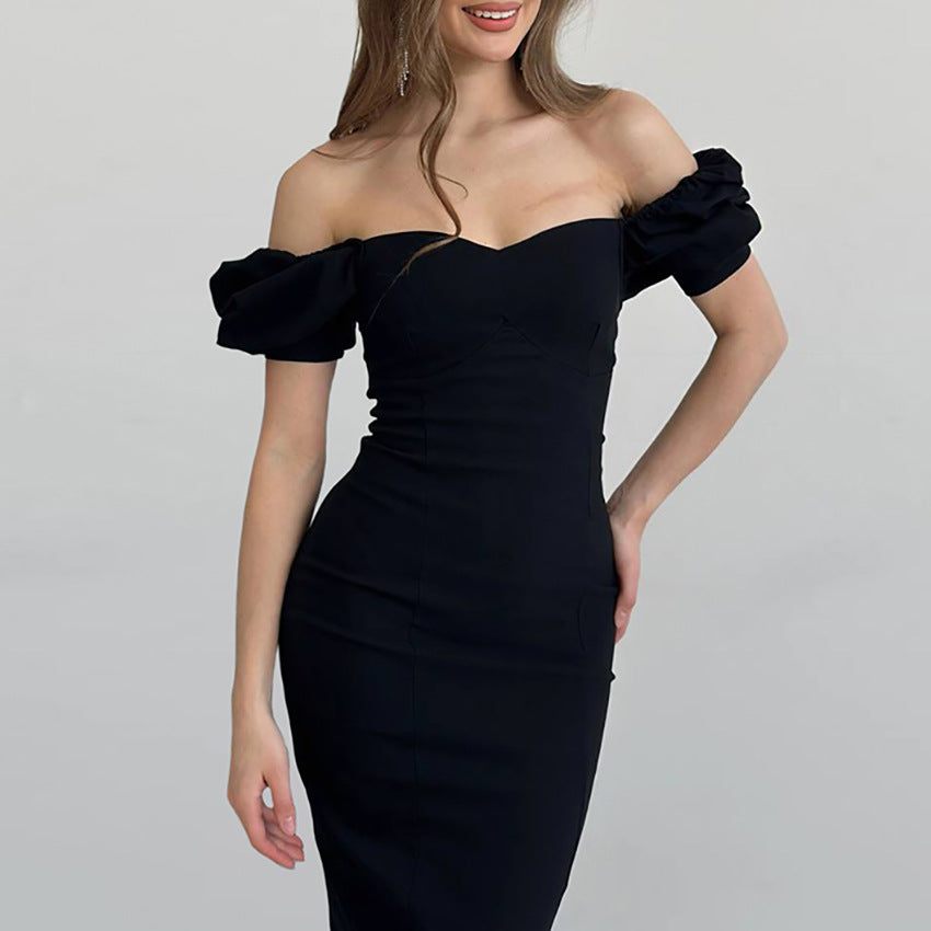 Dame elegant Off-Shoulder Kjole med Puffærmer og figursyet snit Stilla