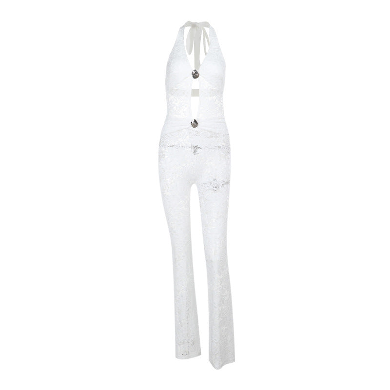 Dame elegant jumpsuit med flot snøring og gennemsigtig lacedesign Skovae
