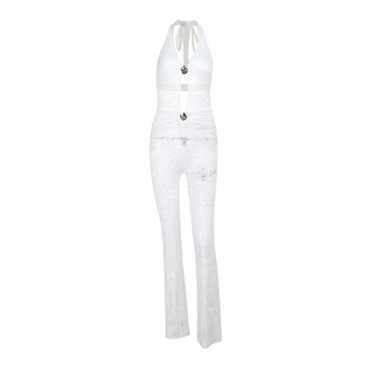 Dame elegant jumpsuit med flot snøring og gennemsigtig lacedesign Skovae