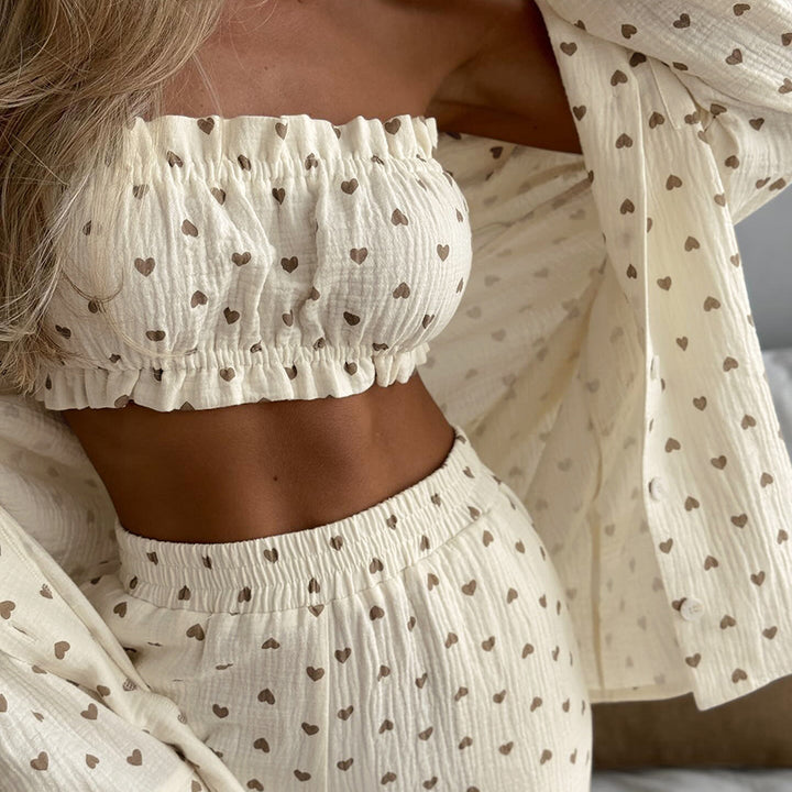 Dame Cropped Top og Nederdel-Sæt med Hjerte Motiv og Luftig Pasform Stilla