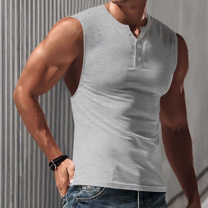 Herren ærmeløs muskelshirt med Henley-knaplukning, dyb armudskæring og elastisk bomuldsblanding Skovae