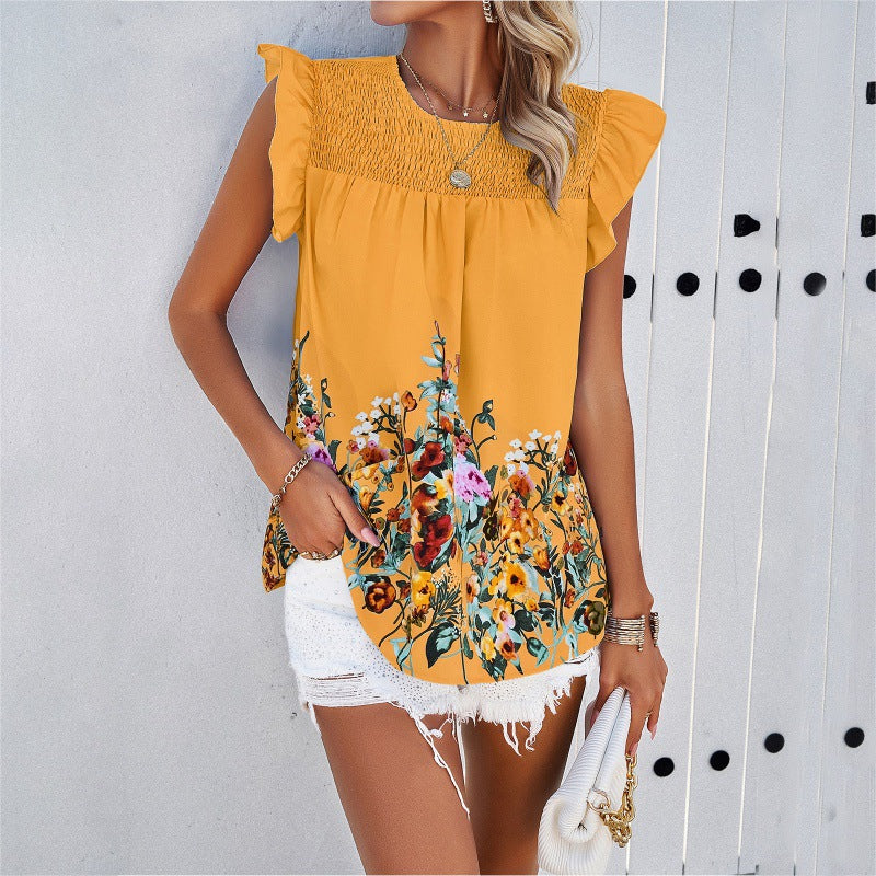 Dame blomster mønster bluse top med flæse detaljer Stilla