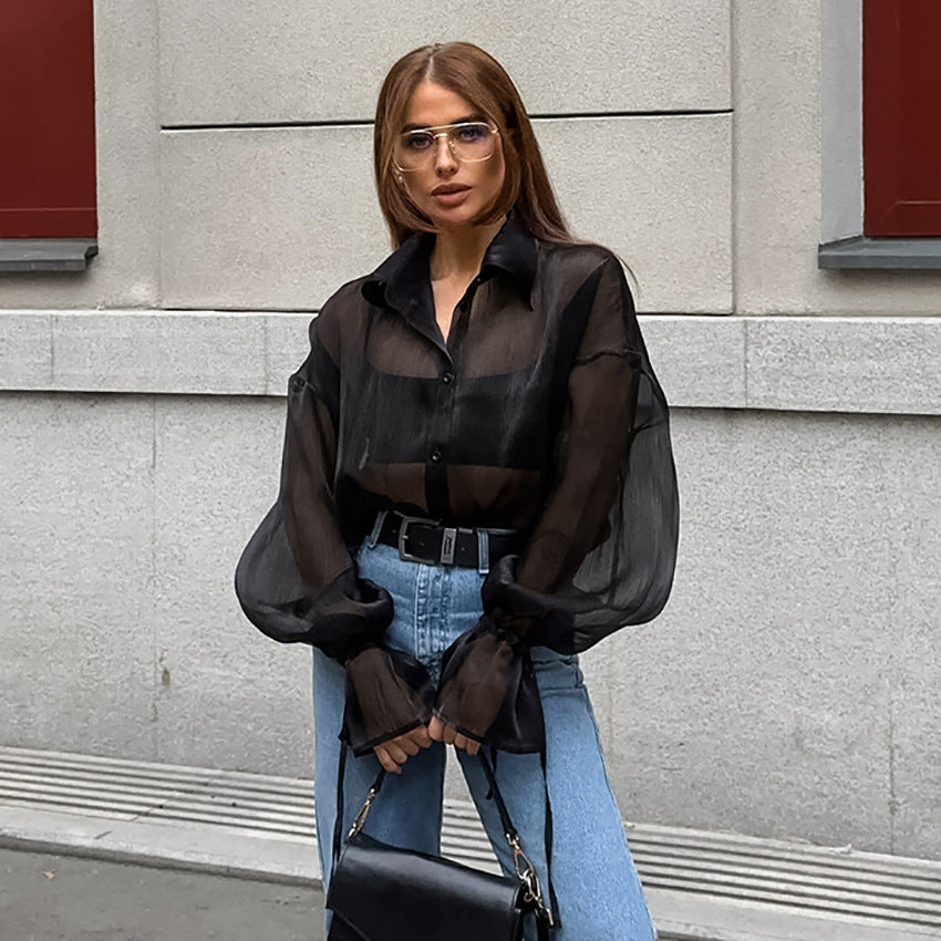Dame Gennemsigtig Bluse med elegante Ballonærmer Stilla