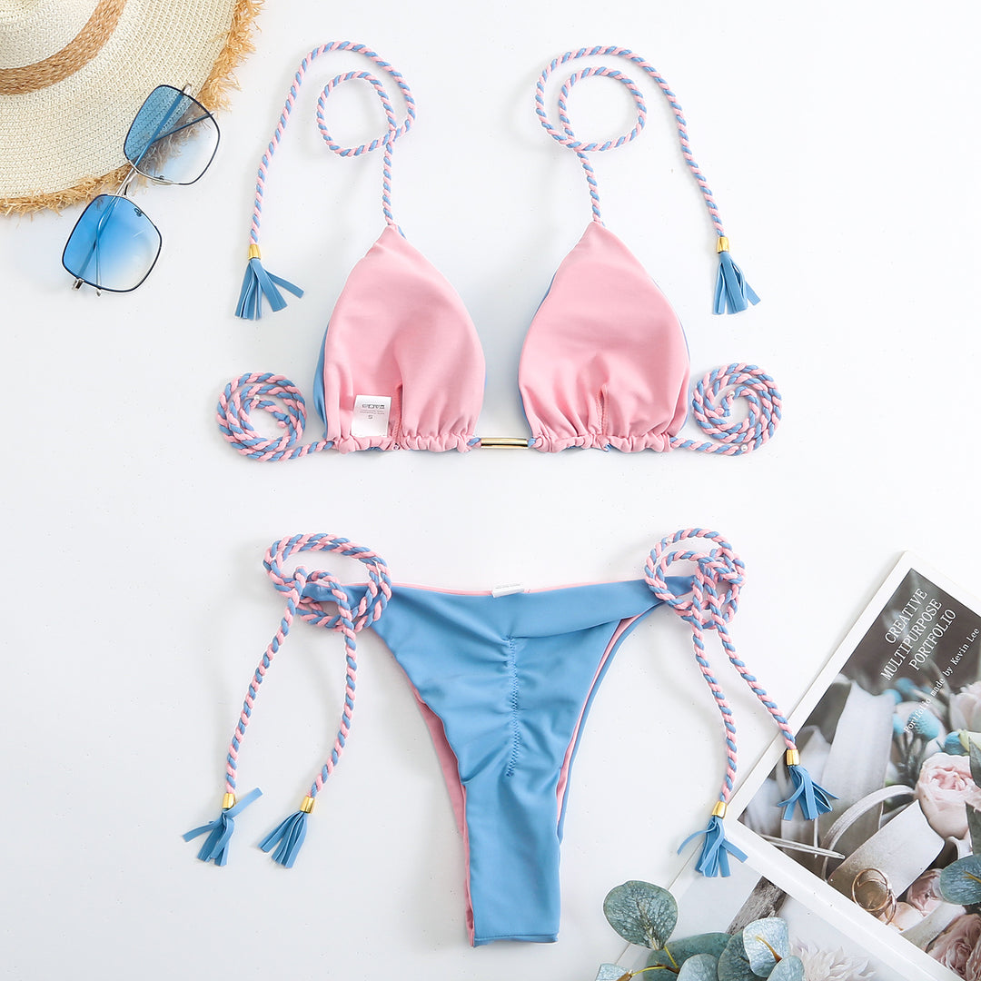 Dame triangel-bikini med trendy kvaster og justerbare bånd Stilla