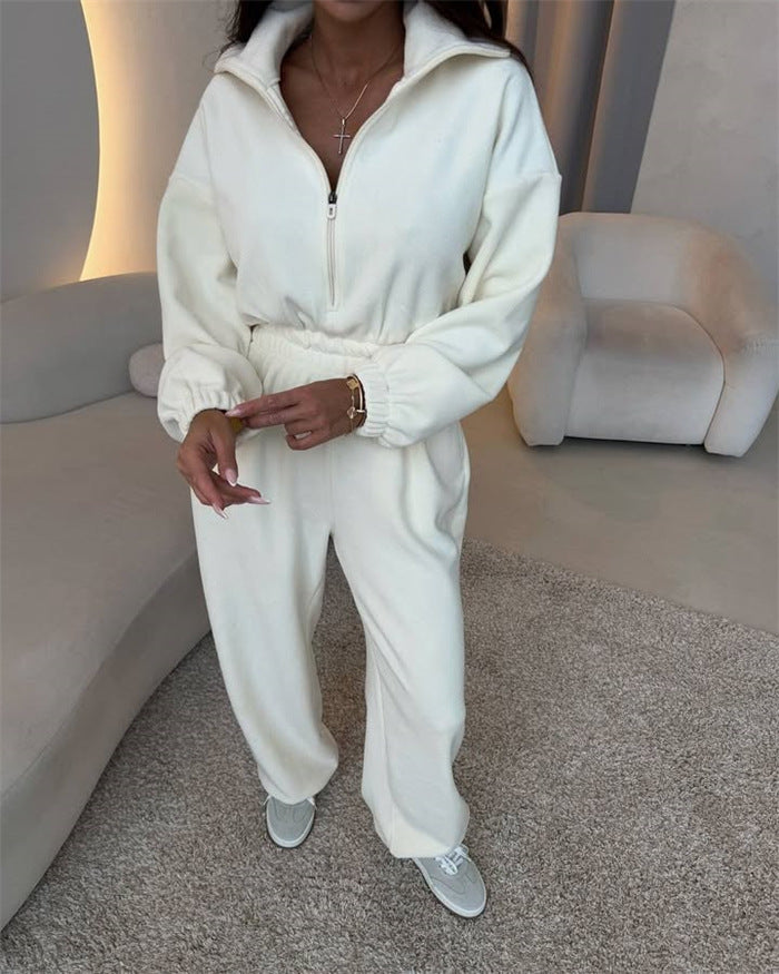 Kvinders elegante fleece jumpsuit med høj krave og elastisk talje Skovae