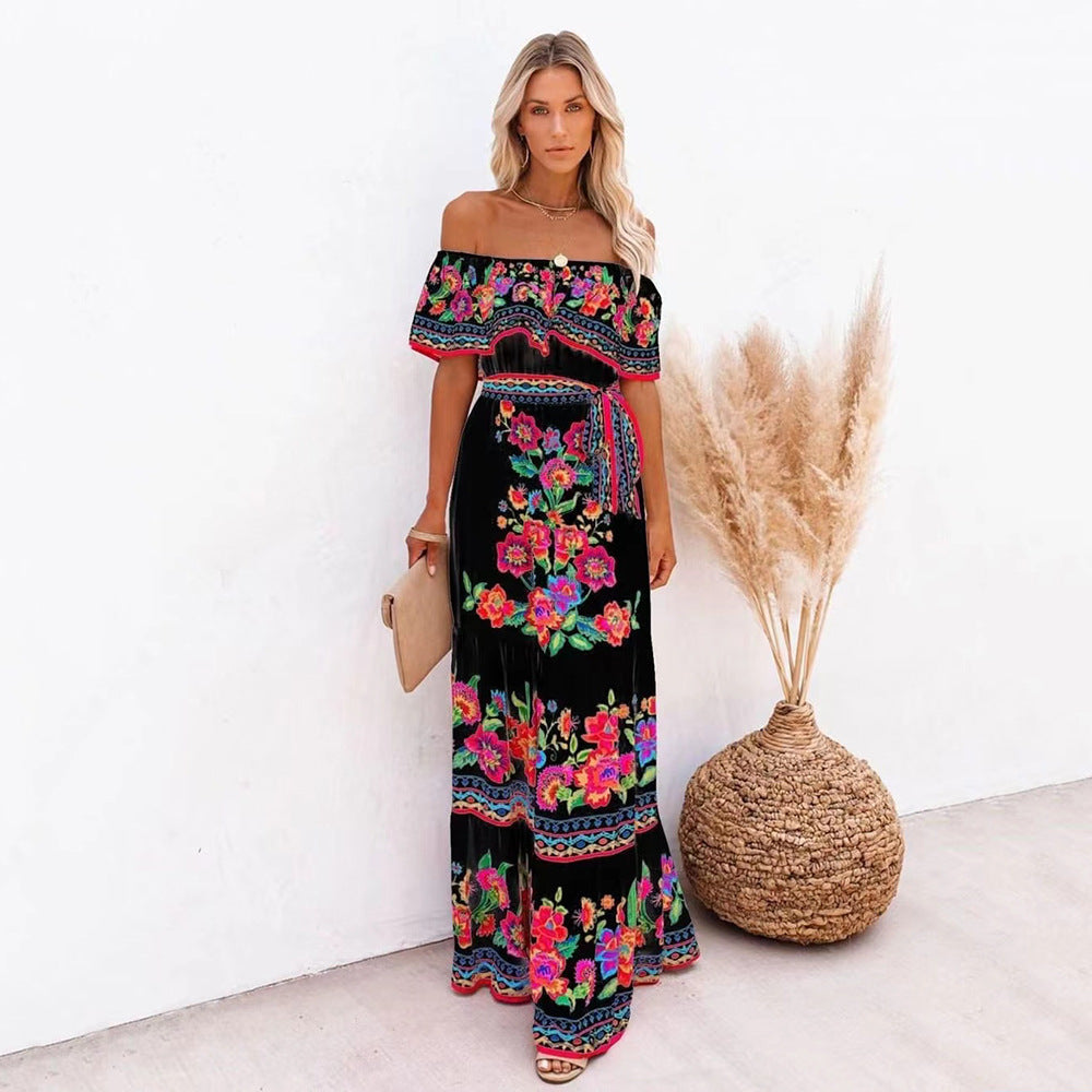 Dame Off-Shoulder Maxikjole med blomster mønstre og elastisk taljebælte Stilla