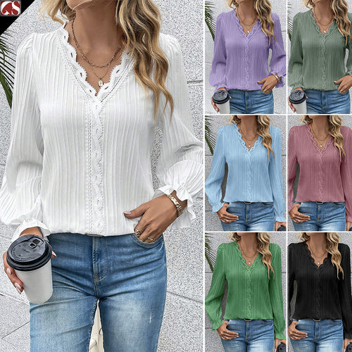 Damebluse med elegant spidsudsmykning og ruffleærmer Stilla