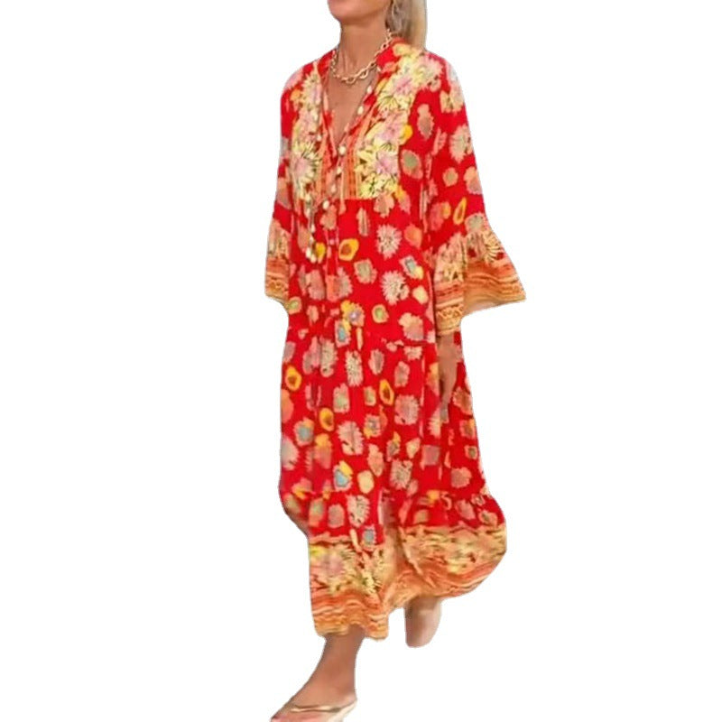 Dame nan luftig kaftan-midikjole med folkloreinspireret båndtryk, V-udskæring, kvastbånd og flæseklokkeærmer Skovae