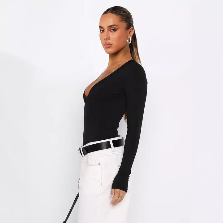 Dame V-hals bodysuit med lange ærmer i elastisk materiale Stilla