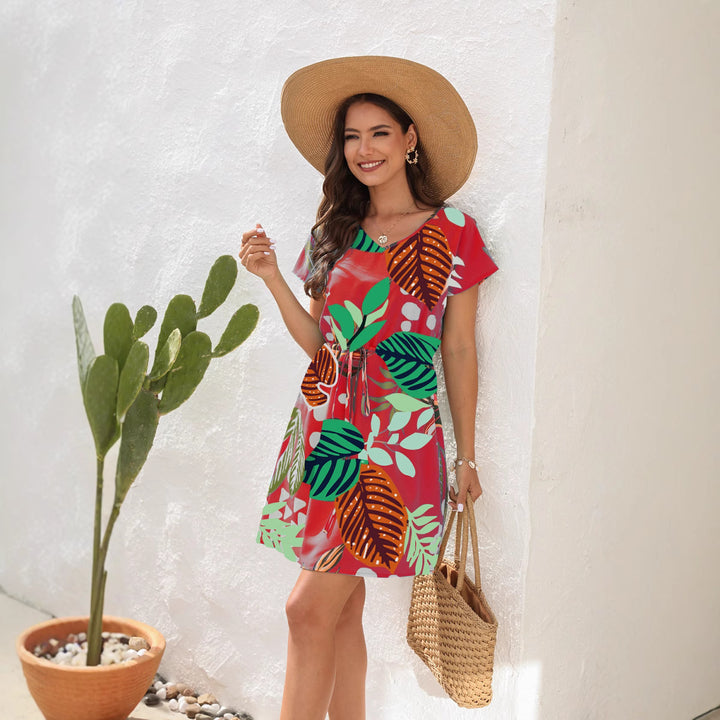 Dame sommerligt fritidskjole med blomstermønster og taljebælte Skovae