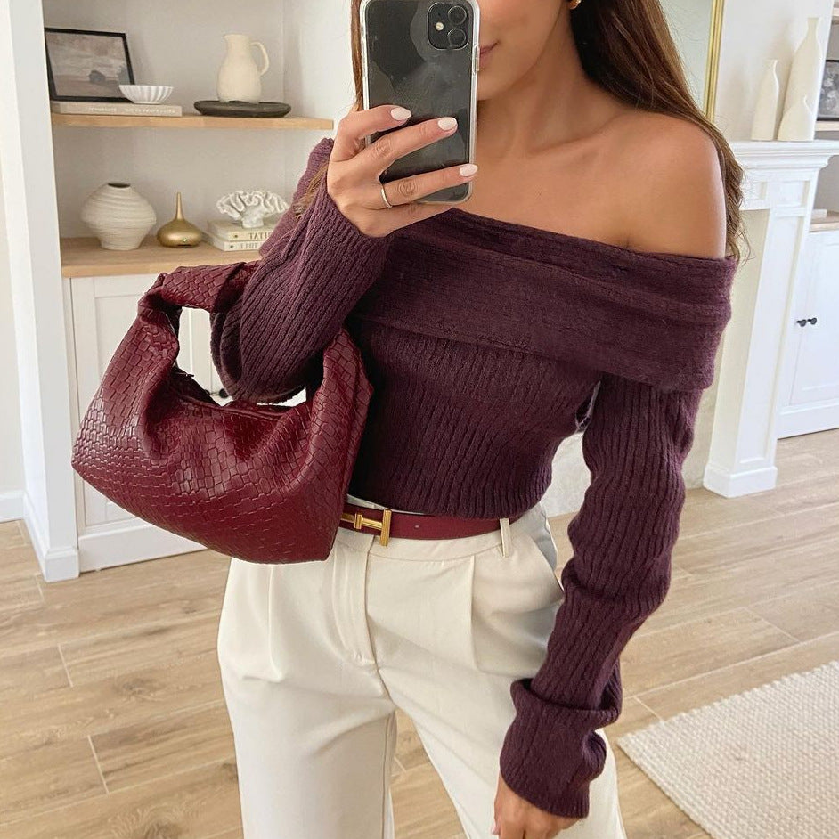 Dame Off-Shoulder Pullover med ribbet design Stilla
