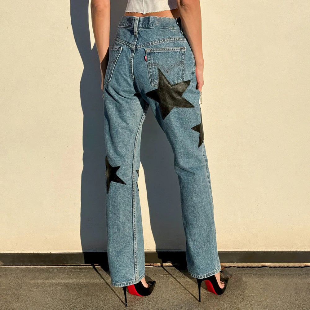 Kvindernes fashionable jeans med iøjnefaldende stjerneapplikationer Stilla