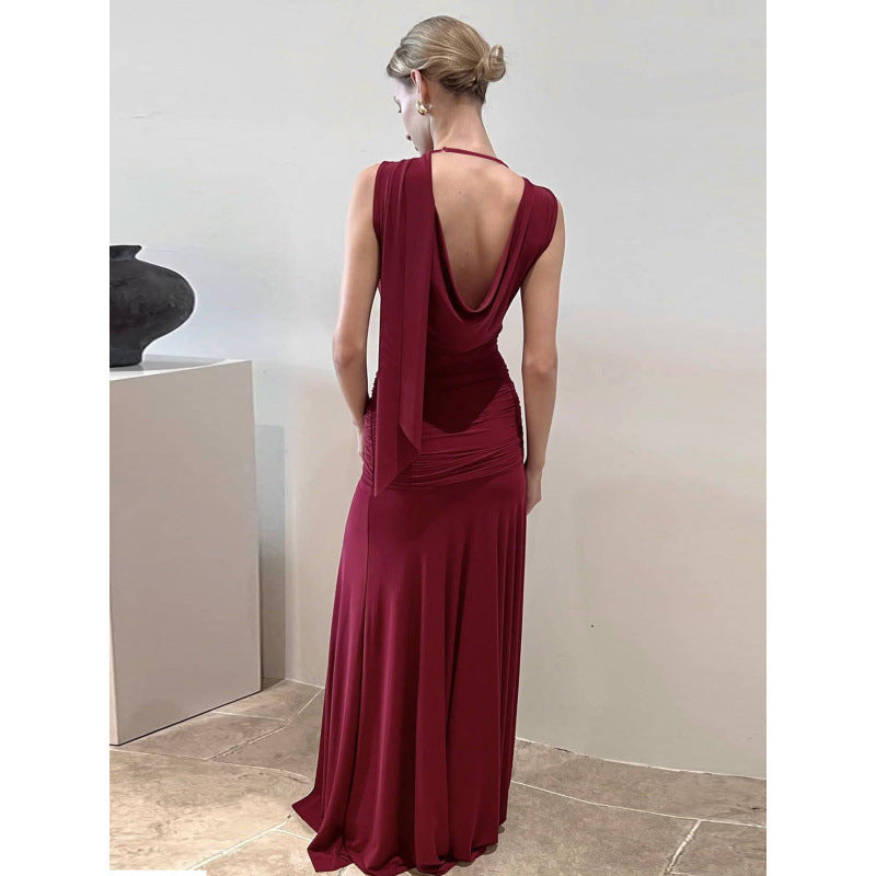 Damen schulterfreies Wickelmaxikleid mit drapiertem Oberteil und seitlichem Bindegürtel Skovae