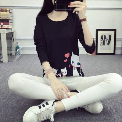 Kvinders langærmet T-shirt med kreativ katte-design Skovae
