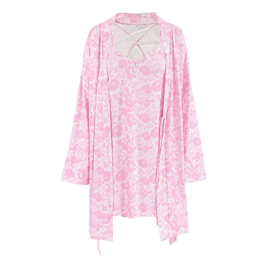 Dame Kimono-inspireret natkjole med blomsterdesign og bindebælte Stilla