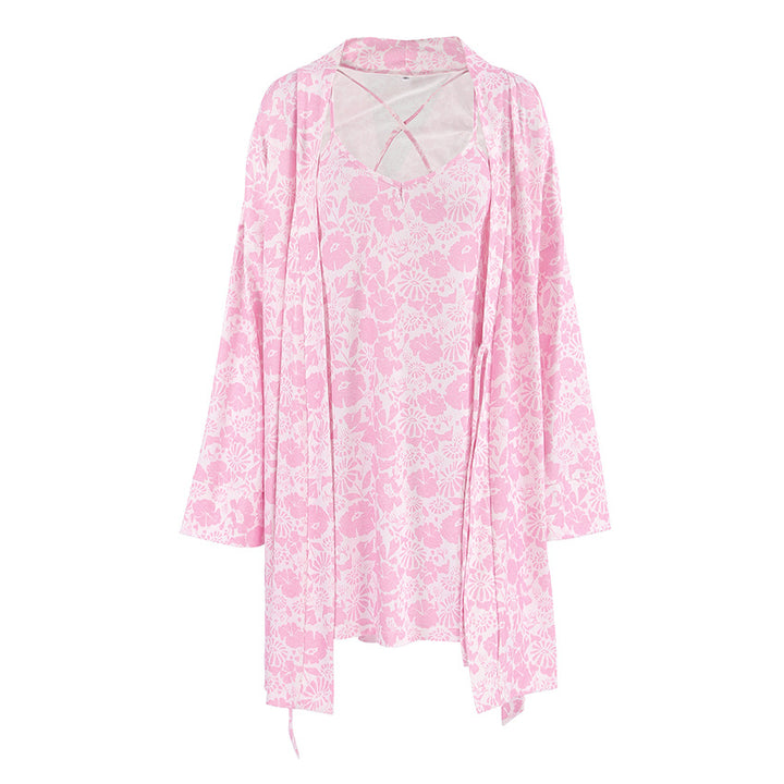 Dame Kimono-inspireret natkjole med blomsterdesign og bindebælte Stilla