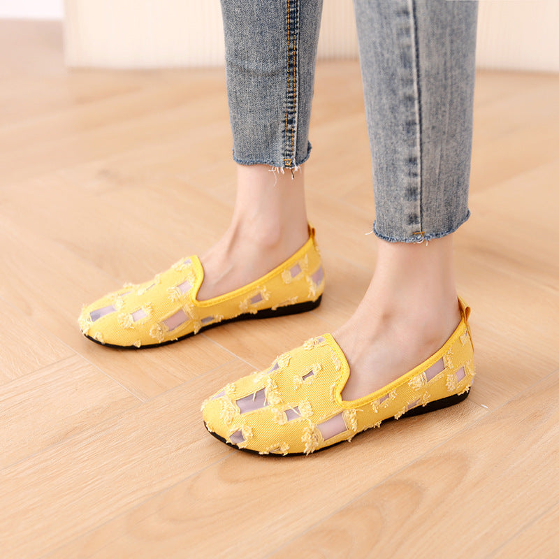 Damer med casual slip-on sko med netindsatser og frayed denim detaljer Skovae