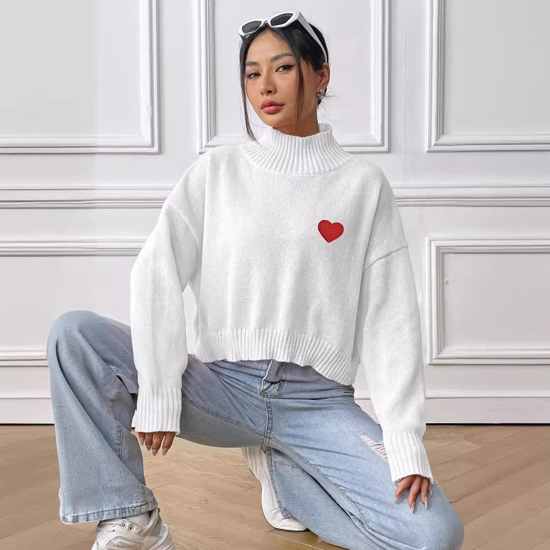 Dame hyggelig turtleneck sweater med hjerteapplikation Stilla