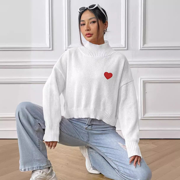 Dame hyggelig turtleneck sweater med hjerteapplikation Stilla