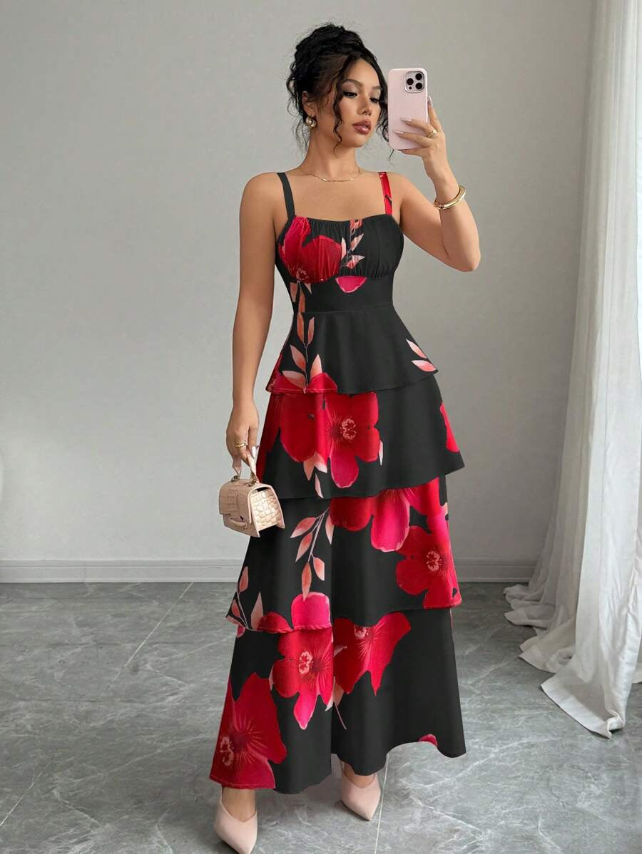 Dame Maxikjole med voluminøst flæsedesign og floral tryk Stilla