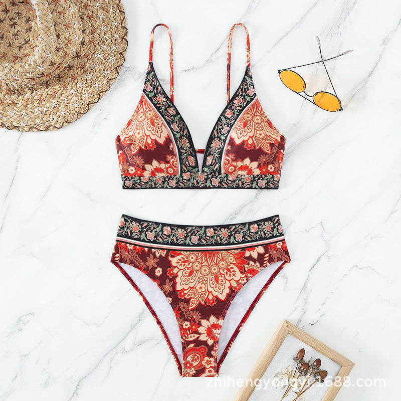 Damer højtaljet bikini med blomsterdesign Skovae