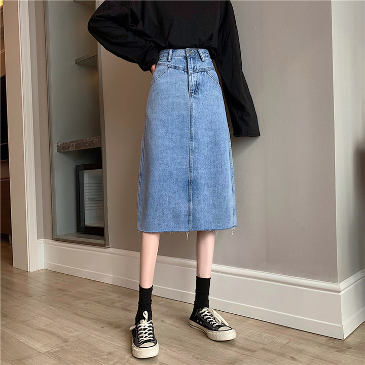 Dame Midi Denim Nederdel med Uregelmæssig Kant Stilla