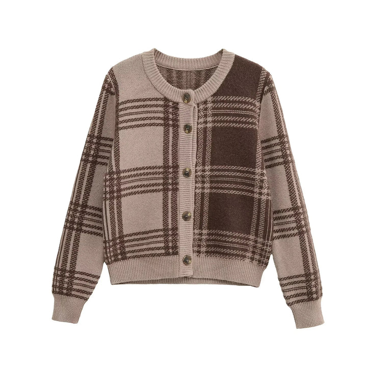 Dame cardigan i moderne flannel-look med knaplukning og elegant ternet mønster Stilla