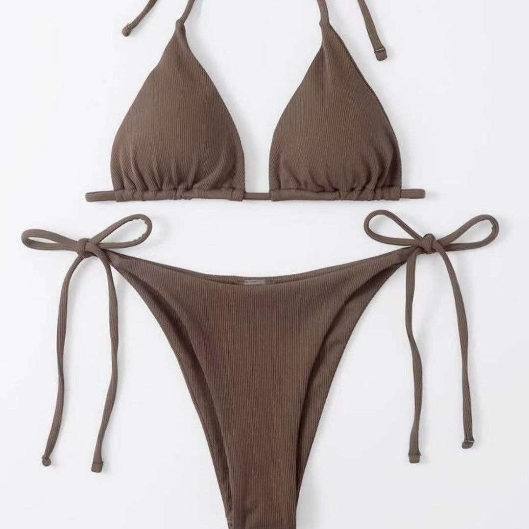 Dame Triangel-Bikini-Sæt med Justerbare Bindebånd og Ribbet Design Skovae