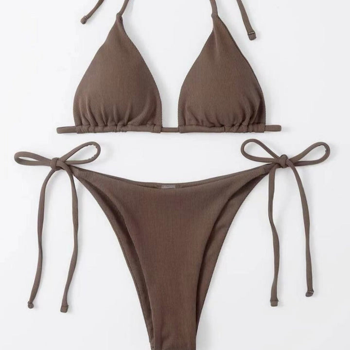 Dame Triangel-Bikini-Sæt med Justerbare Bindebånd og Ribbet Design Skovae