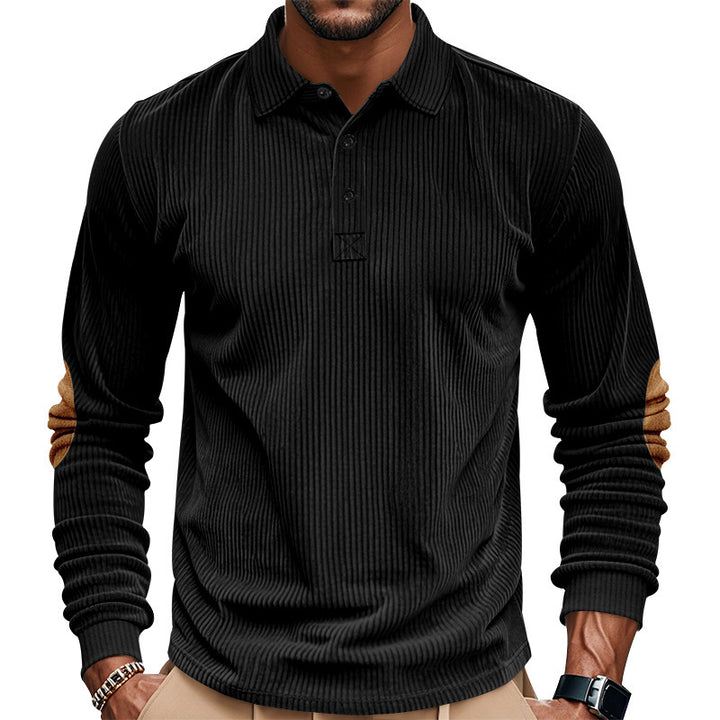 Herrer nan tung ribbet bomulds-polo-pullover med Kent-krave, tre-knaps lukning og ruskinds albue-patches Skovae