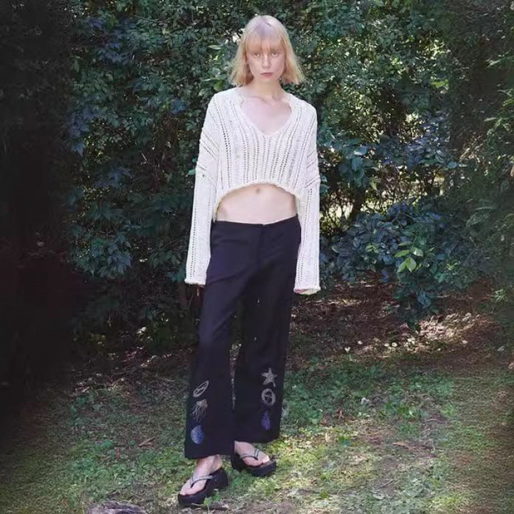 Dame Casual Bred Ben Bukser med Kunstnerisk Broderi Stilla