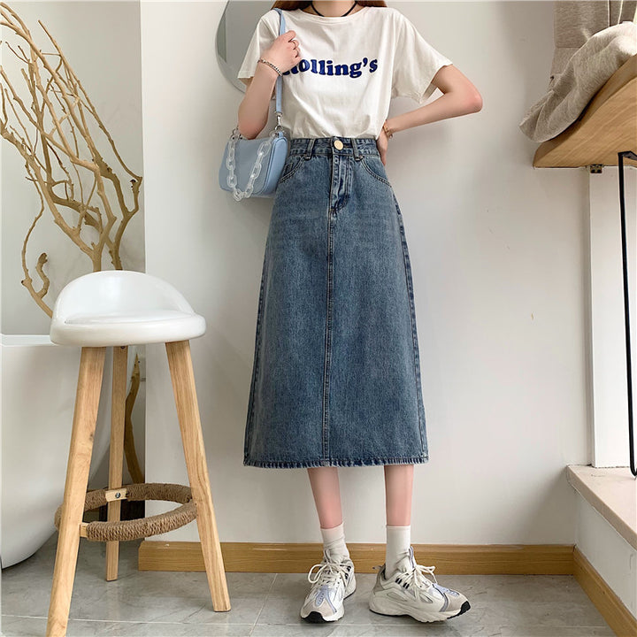 Dame Lang Denim Nederdel med Høj Udkæring og Dekorative Sømme Stilla