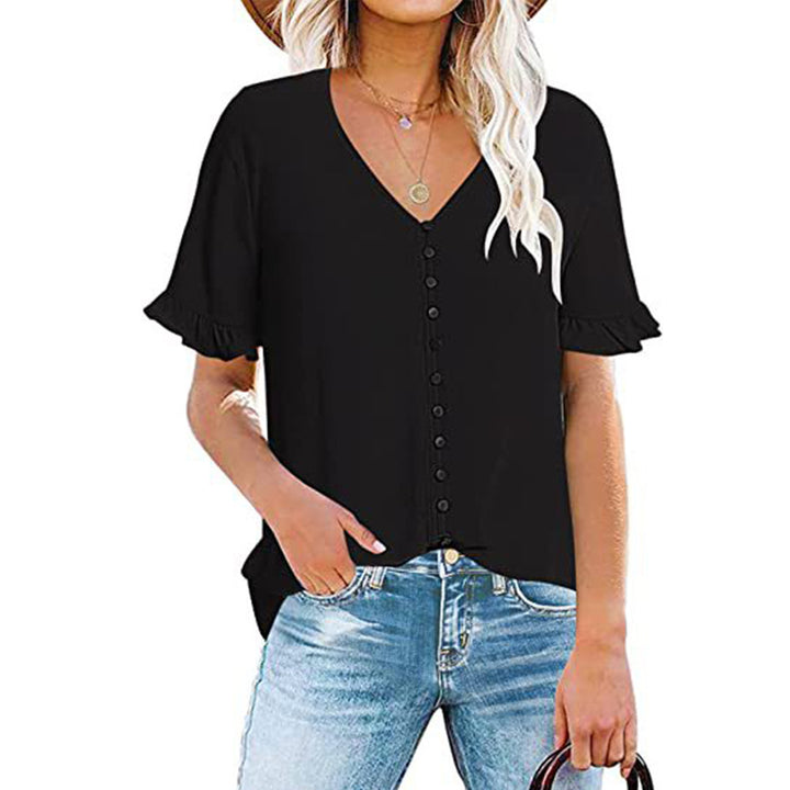 Damebluse med flæseærmer og stilrene knapper Stilla